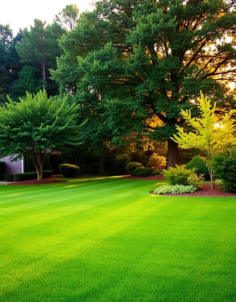 Manicured residential lawn in Pine Mountain, Georgia at golden hour